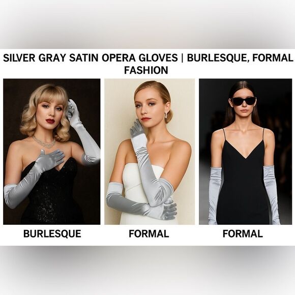 Glam Satin Opera Gloves | Grey |Size 13–16 Burlesque, Formal, Vintage Shoot 💋 - Picture 1 of 4